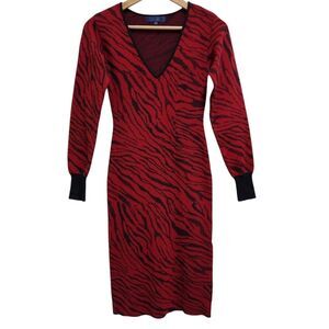 Rachel Roy Sweater Dress XS Red Black Knit Zebra Print V Neck Long Slv Bodycon